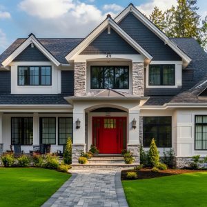 Craftsman-style home with dark shingle siding, stone accents, and a bright red front door